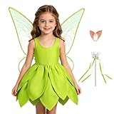 Kosgraiy Tinkerbell Costume for Girls,Toddler Girls Fairy Dress with Pixie Elf Ears and Wings,Princess Outfit Halloween Fairy Dress Up,4-5Years