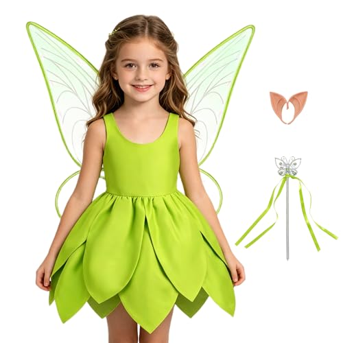 Kosgraiy Tinkerbell Costume for Girls,Toddler Girls Fairy Dress with Pixie Elf Ears and Wings,Princess Outfit Halloween Fairy Dress Up,5-6Years