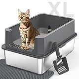 Stainless Steel Litter Box, Extra Large Litter Boxes for Big Cats, XLarge Metal Cat Litter Box with Lid, Anti-Urine Leakage XL Box with High Sides, Easy Clean, Non-Sticky, Scoop Included