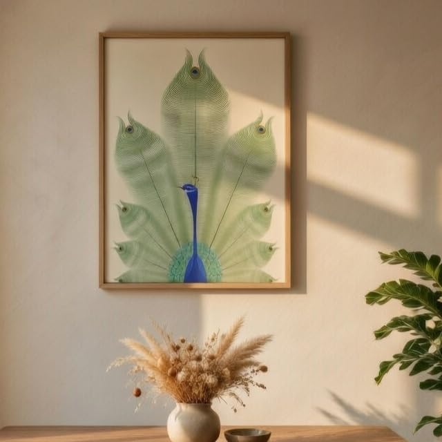 Image of Livin'luxe Peacock Feather Wall Painting with Wooden Color Synthetic Frame | Minimalist Peacock Artwork HD UV Laminated MDF Wall Decor | Elegant Bird Nature Wall Art for Living Room Bedroom Decor