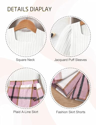 Image of AGAPENG Girl Skirt Sets 3 Piece Outfits Square Neck Jacquard Puff Sleeve Tops Plaid Mini Skirt Shorts Fall Winter Clothes