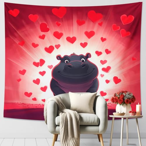 Happy Hippo - Tapiz decorativo para colgar en la pared, bonito diseño de corazón para el día de San Valentín, sala de estar, dormitorio, decoración divertida del hogar, 152 x 127 cm