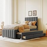 Twin Bed Frame with Trundle Bed and Storage Drawers,Linen Upholstered Bed Frame,Twin Size Trundle Bed with Adjustable Headboard,Upholstered Platform Bed Twin for Kids Teens Adults,Gray