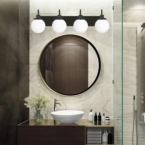 Image of Yaohong Bathroom Light Fixtures Over Mirror, 4-Light Matte Black Vanity Light with Milk White Globe Glass Shade, Mid Century Modern Vanity Lighting Fixtures