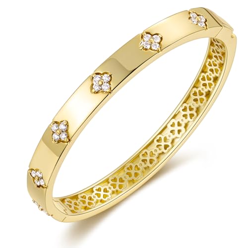 Moissanite Bangle Bracelets for Women, 14K Gold Plated Four Leaf Clover Bracelet with D Color VVS1 Moissanite, Lucky Jewelry Gift for Her