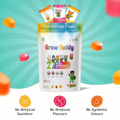 Image of U-VITA Grow Buddy Multivitamin Gummies for Kids (2+ Years) | No Added Sugar | 27 Essential Vitamins, Minerals & Pure herbal extracts | Made in India and Formulated in the UK | 60 Gummies, Assorted