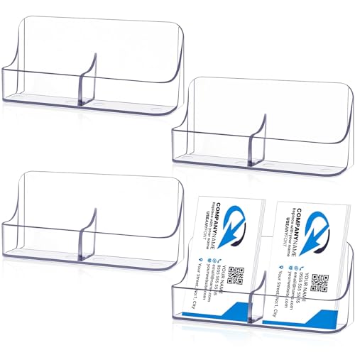 Memorywuu 4 Pack Vertical Business Card Holder, Clear Acrylic 2 Pocket Desktop Business Card Holder, Multiple Cards Display Stand for Home, Office, and Exhibition, up to 100 Cards