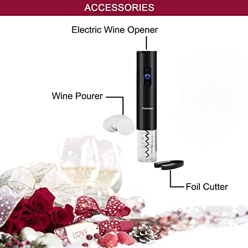 Electric Wine Opener Gift Kit for Wine Lover, Cordless Bottle Opener Automatic Corkscrew for Wine Enthusiast, Set Includes Electric opener, Foil Cutter, Wine Pourer Disk Spout(Black)