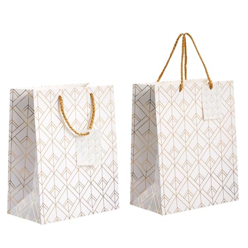 Sparkle and Bash Party Favor Bags - 8" x 10" x 4.5", Medium White & Gold, 16 Pack - Geometric Foil w/Rope Handles & Tags - Reusable Thank You Gift & Mini Gift Bags for Wedding, Bridal & Baby Showers