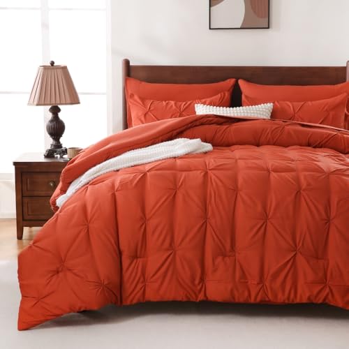 Sheet&Joy King Size Comforter Set 7-Piece Bed in a Bag Pintuck Bedding Set for All Season Includes Comforter Flat Sheet Fitted Sheet Pillowcases and Pillowshams Orange