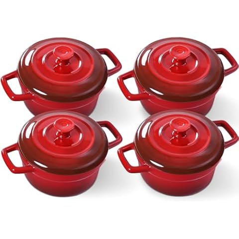 Lareina Mini Cocotte - 12oz Ceramic Casserole Dishes - Kitchen Casserole Sets With Handles And Lid - Small Baking Ramekins - Oven, Microwave & Dishwasher Safe - Set of 4 - Red Cover