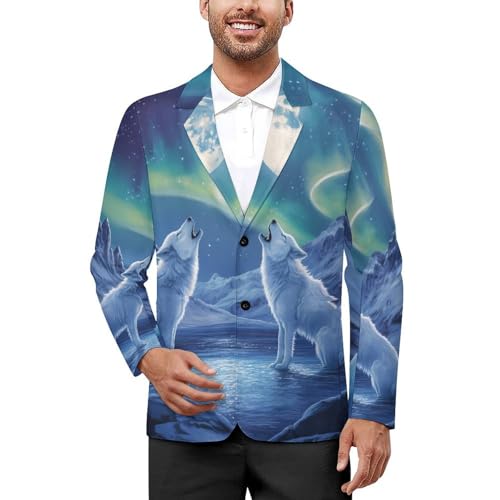 Wolves Northern Light Moon Men's Slim Suit Long-Sleeve Prom Tuxedo Classic Two Button Business Jacket