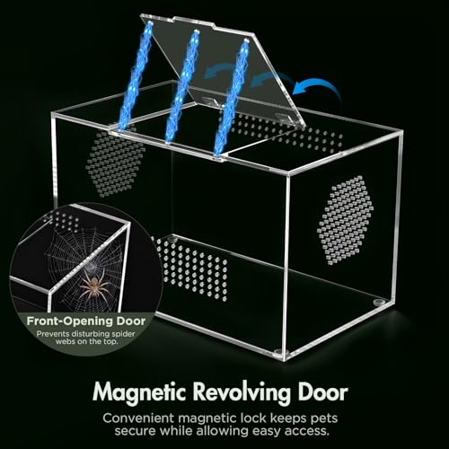 Image of Acrylic Reptile Terrarium, Pre-Assembled Tarantula Enclosure with All-Side Ventilation & Magnetic Door, Tank for Spider, Gecko, Mantis, Frog, Snail, Isopods, 12 inchx7 inchx7 inch (Tweezer & Hygrometer Included)