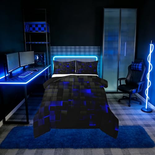 Image of Erosebridal Black Navy Royal Blue Comforter Set Full Neon Geometric Checkered Bedding Set for Teen Boys Gamer Room Decor,Abstract Stereoscopic Grids Quilt Square Plaid Check Bed Set 3 Pcs