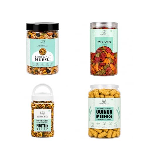 Image of WellNuts & Co. Healthy Snack Combo Pack of 4 |Fruit Nut Meusli - 200g, Mix Veg Chips - 150g, Protein Salad - 425g, Quinoa Puffs Smoked Garlic - 200g| Roasted & Ready to Eat Snacks | High Protein & High Fiber Combo | Snacks for Healthy Everyday