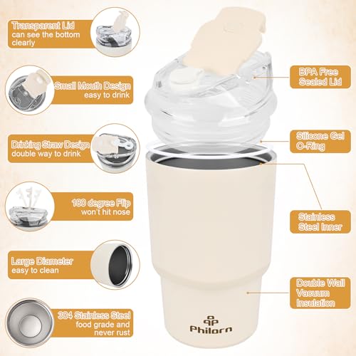 Philorn Thermobecher Kaffee to go, 14OZ/400ml mit Doppelwand, Wiederverwendbarer Kaffeebecher mit Deckel & Strohhalm, Weiß Coffee to go Becher für Heiße und Kalte Getränke 3