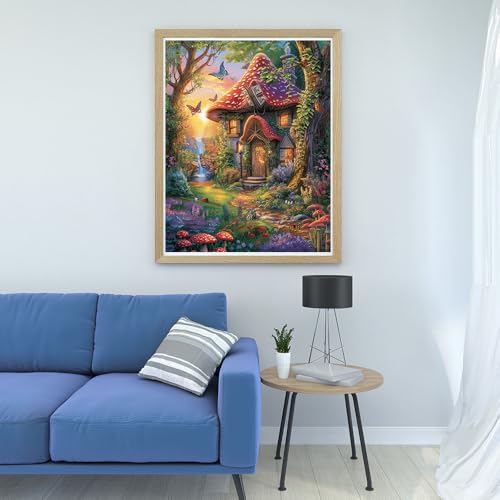 Image of Moohue Art Crafts 14ct Counted Cross Stitch Patterns Kits Mushroom House Butterflies Printed Stamped Cross Stitch Kits for Adults Needlepoint Kits (Mushroom House Butterflies)
