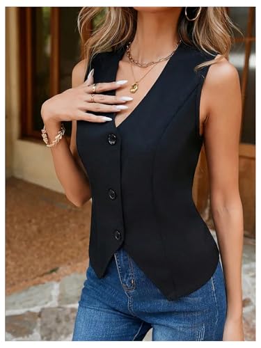 GORGLITTER Women's Button Up Suit Vest V Neck Sleeveless Waistcoat Asymmetrical Dressy Blazers2