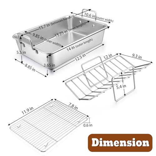 P&P CHEF 14" Roaster Roasting Pan with Baking Rack and V-shaped Rack, Stainless Steel Rectangular Lasagna Pan with Handles for Turkey Chicken, Healthy & Dishwasher Safe, 3 Pieces, Silver