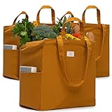 Nook Theory Heavy Duty Reusable Grocery Bags - 100% Cotton 12Oz Canvas Grocery Bags with Handles, Large Kitchen Grocery Bags, Reusable Shopping Bags for Groceries, Foldable Tote Bag (Caramel)