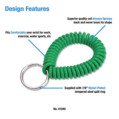 Image of Lucky Line 2 inch Diameter Spiral Wrist Coil with Steel Key Ring, Flexible Wrist Band Key Chain Bracelet, Stretches to 12 inch, Green 10 PK (41040)