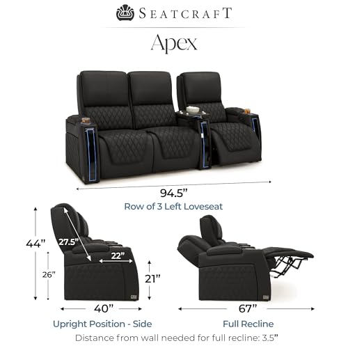 Image of Seatcraft Apex Black Italian Leather Home Theater Seating, Zero Gravity Power Recliner Chair, Powered Headrest and Lumbar Gaming and Lounge Sofa Furniture for Cinema Room, Row of 3 Left Loveseats