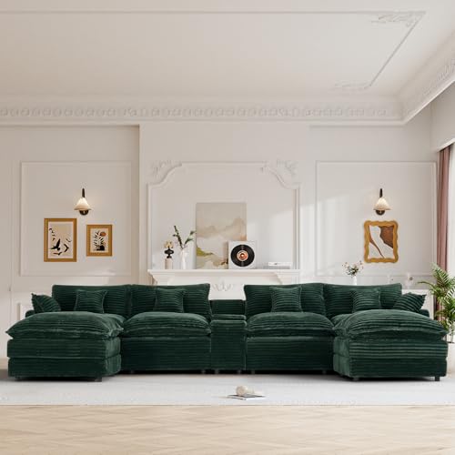 Image of 145 inch Oversized U Shaped Modular Sectional Sofa with Ottoman, Comfy Fluffy Soft Corduroy, Large Cloud Couch with USB Port, Cup Holder and Storage Central Console for Living Room, Green
