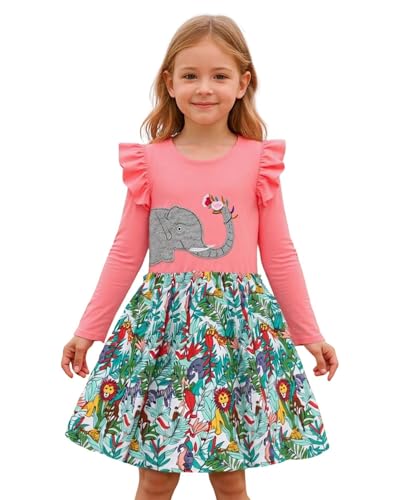 Image of Girl Long Sleeve Dress Ruffle Rainbow Color Block Cotton Casual Tiered Pleated Twirly Dress