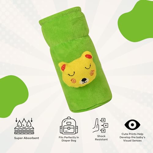 Image of Soft Plush Stretchable Baby Feeding Bottle Cover Easy to Hold Strap with Cute Animated Cartoon| Suitable for 60-125 Ml Feeding Bottle (Green-Yellow)
