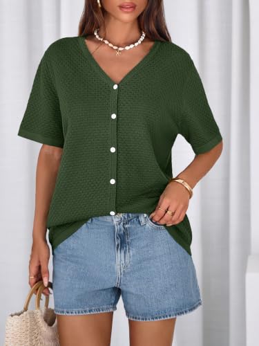 Image of NALANISA Women's Short Sleeve Sweater Spring Summer Crochet Knit Tops 2026 V Neck Striped Button Down Dressy Casual Blouses