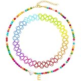 BodyJ4You 2PC Choker Initial Necklace for Kids - Letter E Pendant Heart Charm Goldtone Y2K Boho Beaded Collar...