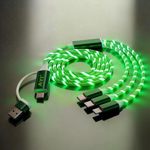 Image of AYI 6 in 1 USB LED Charging Cable, 39in Dynamic Flowing Light Cord, Flexible PVC Tangle-Free Wire, Smart Chip with Trickle Charge, Universal Data Sync Cable for Phones, Tablets, and More, Green.