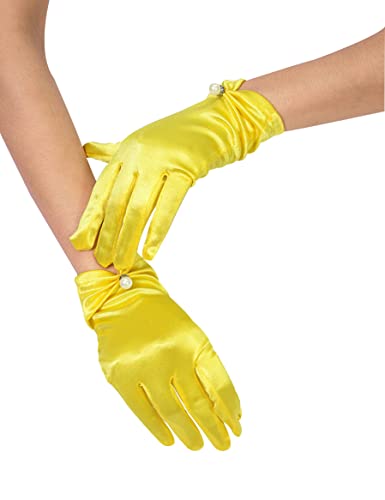 QRBTSCL Womens Short Satin Gloves for Wedding Wrist Short Evening Party Dressy Bridal Satin Gloves with Pearl Yellow