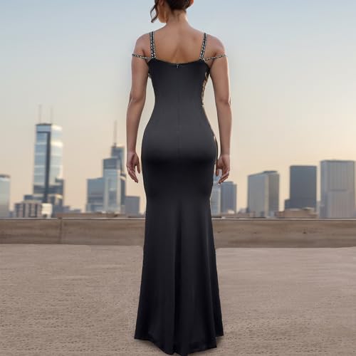Image of Nagfar Women's Sexy Rhinestone Dresses Spaghetti Strap Halter Mesh Long Dress Birthday Party Club Night Outfit﻿﻿(S7027-Black-XXL)