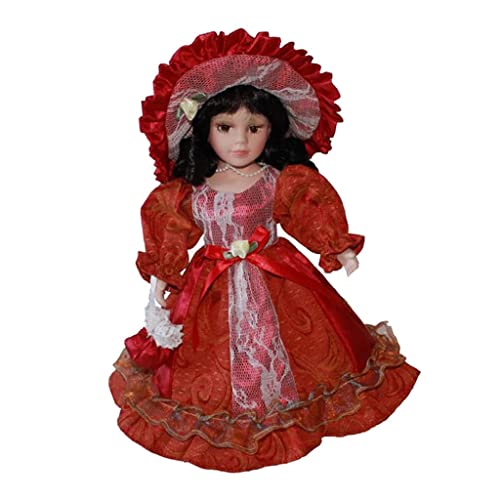 Unknown 12 inch Elegant Porcelain Miniatures, Girl Hair, Hat, Handbag, Shoes, Dress and Display Stand, Red