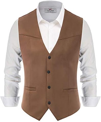 PJ PAUL JONES Men's Slim Fit Suit Vest Western Cowboy Suede Leather Waistcoat XL Coffee