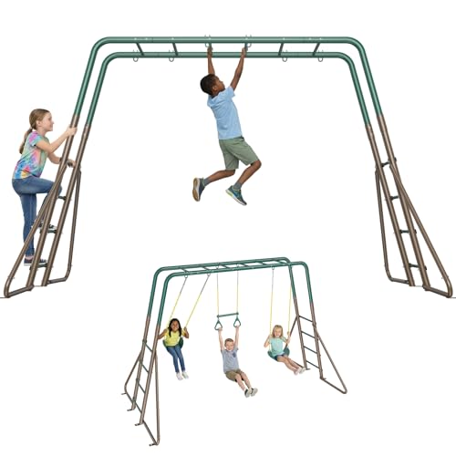 Hapfan Swing Sets for Backyard with Monkey Bars, Trapeze Bar & 2 Belt Swings, Heavy Duty Metal Playground Sets for Kids, Outdoor Jungle Gym Playset (Green & Brown)