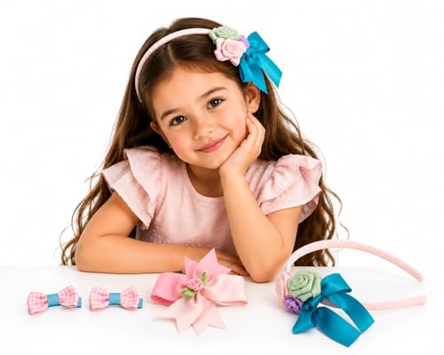 Image of BABIES BLOOM Designer Red Hair Bow, Baby Headband and Hair Accessory Set (Set of 5) (Blue Pink & Light pink)