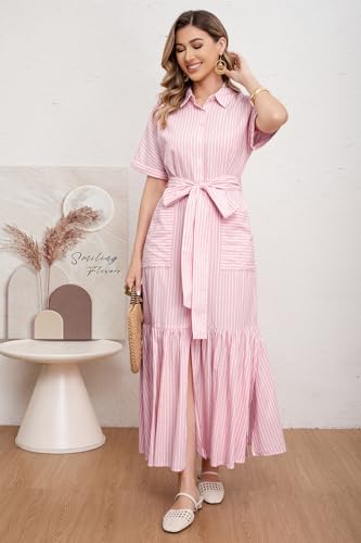 Image of utcoco Women's 2026 Summer Casual Striped Button Down Maxi Dress Tie Waist Short Sleeve Shirt Dress with Pockets