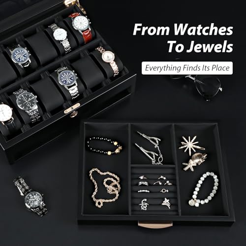 Watch Box, Watch Case 12-slot Watch Holder, Watch Display Case with Removable Pillows, 2-tier Watch Box Organizer for Men, Men's Jewelry Box, Black — view 2
