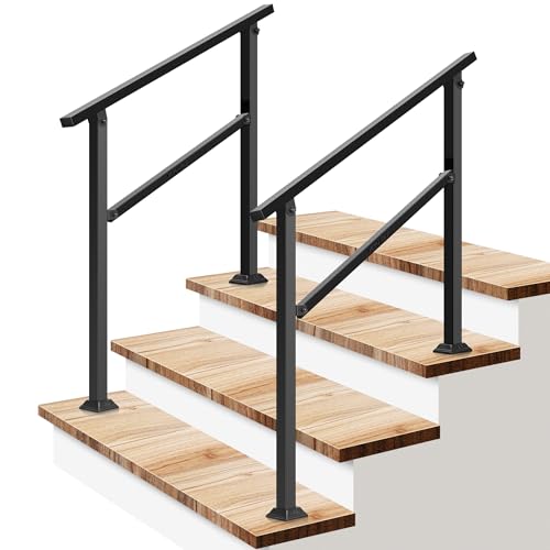 Image of VIVOSUN 2-Pack Outdoor Handrail, 3 Step Stair Handrail, 40 inch x 36 inch Fits 1 to 3 Steps, Wrought Mattle Iron Handrail for Concrete Steps, Porch Steps, One-Step Assembly, 2 Packs, Black