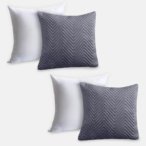 Hafaa Cushions with Covers Included 45 x 45 Cm Set of 4 (2 Grey Cushion Covers, 2 Cushion Inserts) - Ultrasonic Velvet Square Throw Pillow Case Decorative Sofa Cushion with Invisible Zipper