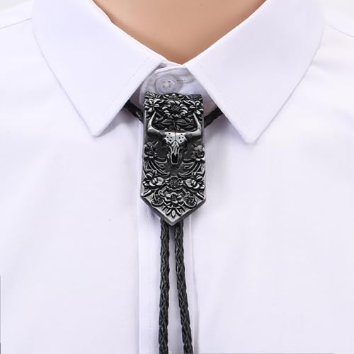 Image of Joxevyia Bolo Tie for Men Vintage Cow Skull Leather Rope Western Cowboy Necktie Vintage Bola Tie Gift for Him