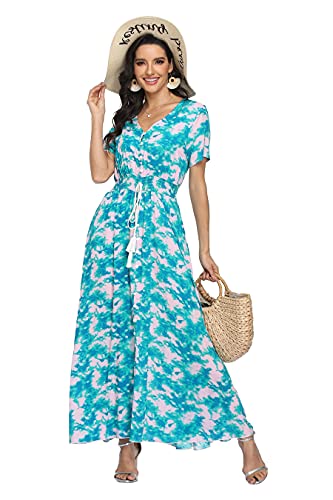 Image of VintageClothing Women's Floral Maxi Dresses Boho Button Up Split Summer Casual Long Dress Beach Party Dress