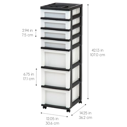Image of IRIS USA 2 Pack 7-Drawer Plastic Storage Rolling Organizer Cart with Caster Wheels for Laundry Room, Bathroom, or Closet Dresser Storage, Black /Clear
