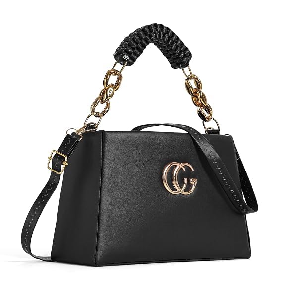 Image of Black Structured Handbag with Gold Chain Handle and Woven Crossbody Strap, Faux Leather