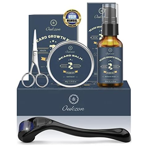 Beard Growth Kit - Oukzon Beard Roller for Growth, Beard Grooming Kit for Men, Beard Growth Oil, Beard Balm, Shaving Scissors, Birthday Gifts for Men, Dad and Boyfriend Cover