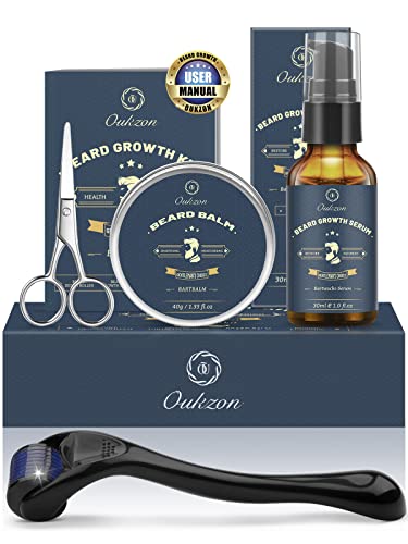 Kit Crecimiento Barba - Oukzon Rodillo Crecimiento Barba, Kit Cuidado Barba Hombres, Aceite Crecimiento Barba, Bálsamo, Tijeras Afeitado, Regalos de Cumpleaños para Hombres, Papá y Novio