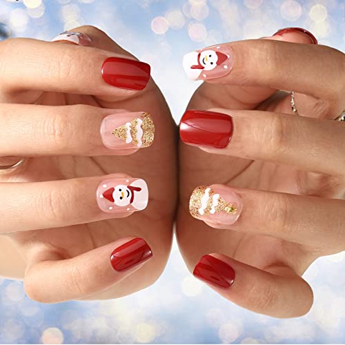 Short Glossy Press on Nails Red Oval Fake Nails Reindeer Snowflak...