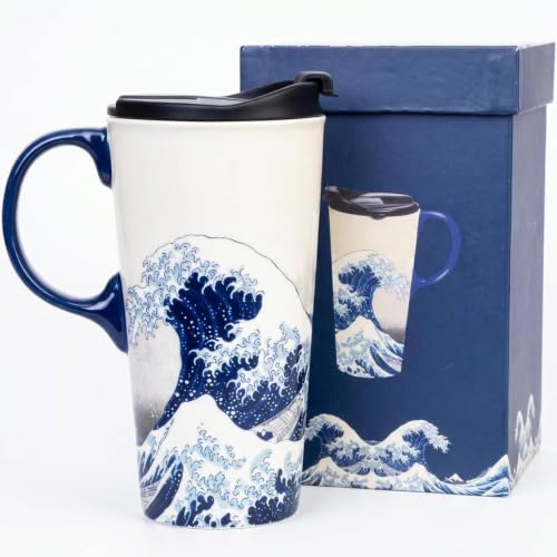 Topadorn 17oz Ceramic Travel Mug with Lid, Great Wave Coffee Mug